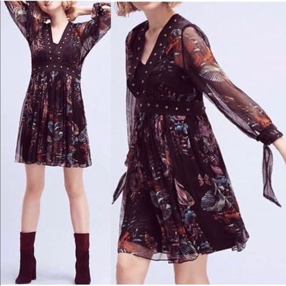 Anthropologie Dresses & Skirts - Anthropologie Nighttime Florals Chiffon Studded Dress By Maeve Black Size Sz 6